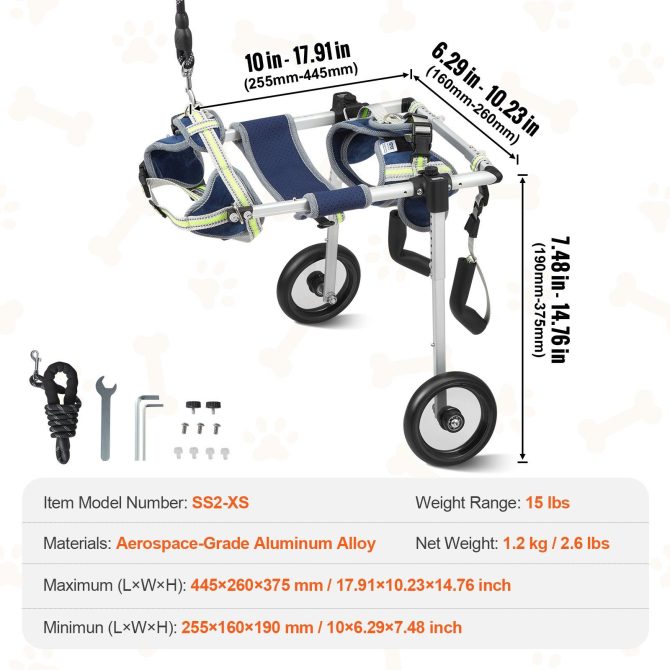 VEVOR 2 Wheels Dog Wheelchair for Back Legs, Pet Wheelchair Lightweight & Adjustable Assisting in Healing, Dog Cart/Wheelchair for Injured, Disabled, Paralysis, Hind Limb Weak Pet(XS) - Image 7