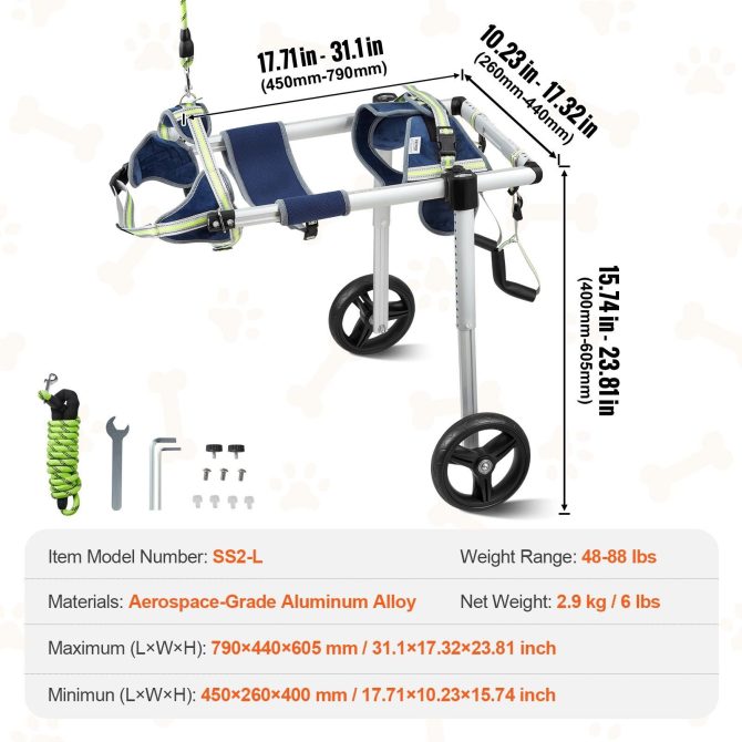VEVOR 2 Wheels Dog Wheelchair for Back Legs, Pet Wheelchair Lightweight & Adjustable Assisting in Healing, Dog Cart/Wheelchair for Injured, Disabled, Paralysis, Hind Limb Weak Pet(L) - Image 7