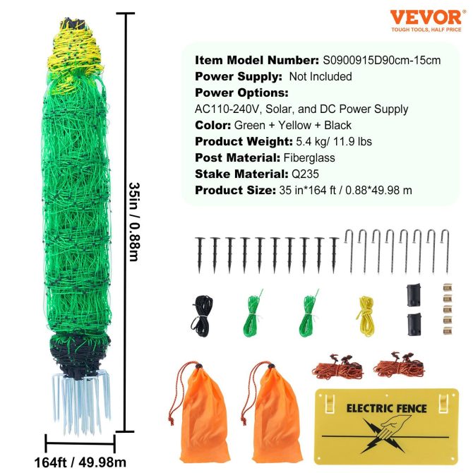 VEVOR Electric Fence Netting, 35" H x 164' L, PE Net Fencing with Posts & Double-Spiked Stakes, Utility Portable Mesh for Goats, Sheep, Lambs, Deer, Hogs, Dogs, Used in Backyards, Farms, and Ranches - Image 7