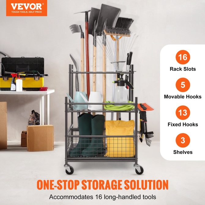 VEVOR Garden Tool Organizer, 16 Slots with Hooks, Yard Tool Tower Rack with Wheels for Garage Organization and Storage, Hold Long-Handled Tool/Rake/Broom, Metal Tool Stand Holder for Shed, Outdoor - Image 2