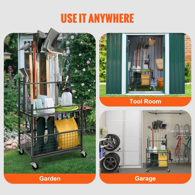 VEVOR Garden Tool Organizer, 16 Slots with Hooks, Yard Tool Tower Rack with Wheels for Garage Organization and Storage, Hold Long-Handled Tool/Rake/Broom, Metal Tool Stand Holder for Shed, Outdoor - Image 6