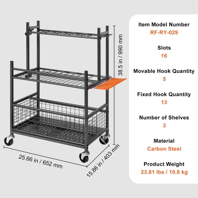 VEVOR Garden Tool Organizer, 16 Slots with Hooks, Yard Tool Tower Rack with Wheels for Garage Organization and Storage, Hold Long-Handled Tool/Rake/Broom, Metal Tool Stand Holder for Shed, Outdoor - Image 7