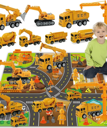 Jiakora Construction Vehicle Toy Truck w/Play Mat Road Signs, Dump Trucks, Excavator, Cement Mixer Trucks, Crane, Engineering Vehicles Toys Set for 3 4 5 6 Years Old Toddlers Kids Boys & Girls