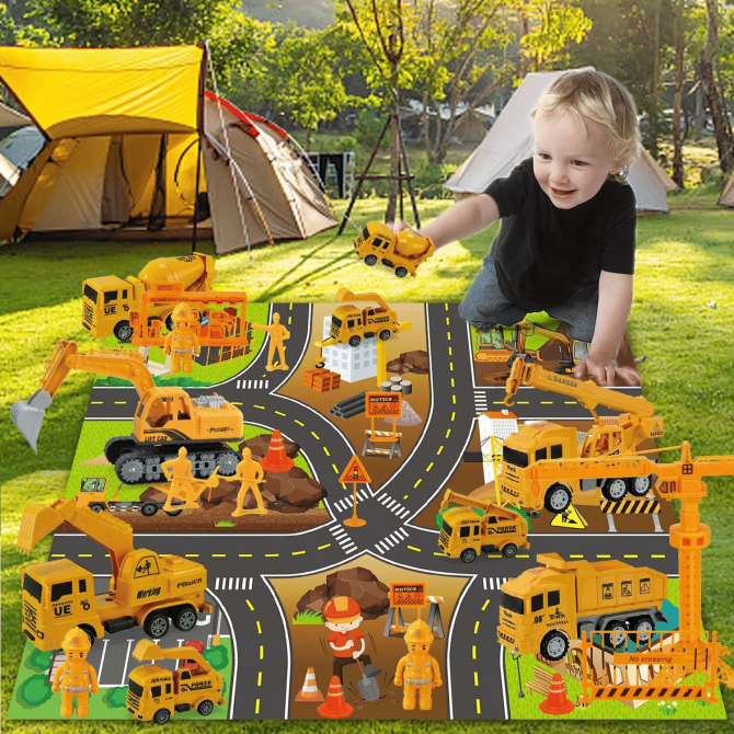 Jiakora Construction Vehicle Toy Truck w/Play Mat Road Signs, Dump Trucks, Excavator, Cement Mixer Trucks, Crane, Engineering Vehicles Toys Set for 3 4 5 6 Years Old Toddlers Kids Boys & Girls - Image 7