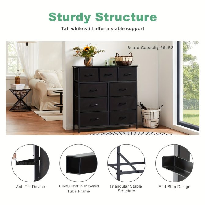 Dresser for Bedroom with 9 Fabric Drawers, Tall Chest Organizer Units for Clothing, Closet, Storage Tower with Cabinet, Metal Frame, Wooden Top, Lightweight Nursery Furniture - Image 11