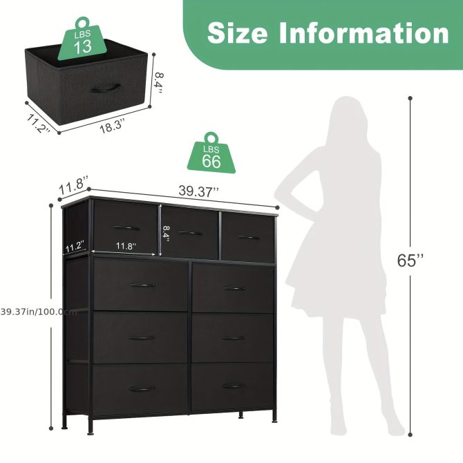 Dresser for Bedroom with 9 Fabric Drawers, Tall Chest Organizer Units for Clothing, Closet, Storage Tower with Cabinet, Metal Frame, Wooden Top, Lightweight Nursery Furniture - Image 13