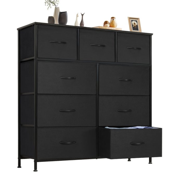 Dresser for Bedroom with 9 Fabric Drawers, Tall Chest Organizer Units for Clothing, Closet, Storage Tower with Cabinet, Metal Frame, Wooden Top, Lightweight Nursery Furniture - Image 9