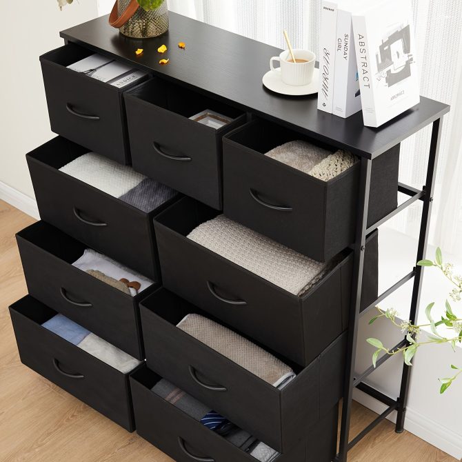 Dresser for Bedroom with 9 Fabric Drawers, Tall Chest Organizer Units for Clothing, Closet, Storage Tower with Cabinet, Metal Frame, Wooden Top, Lightweight Nursery Furniture - Image 16