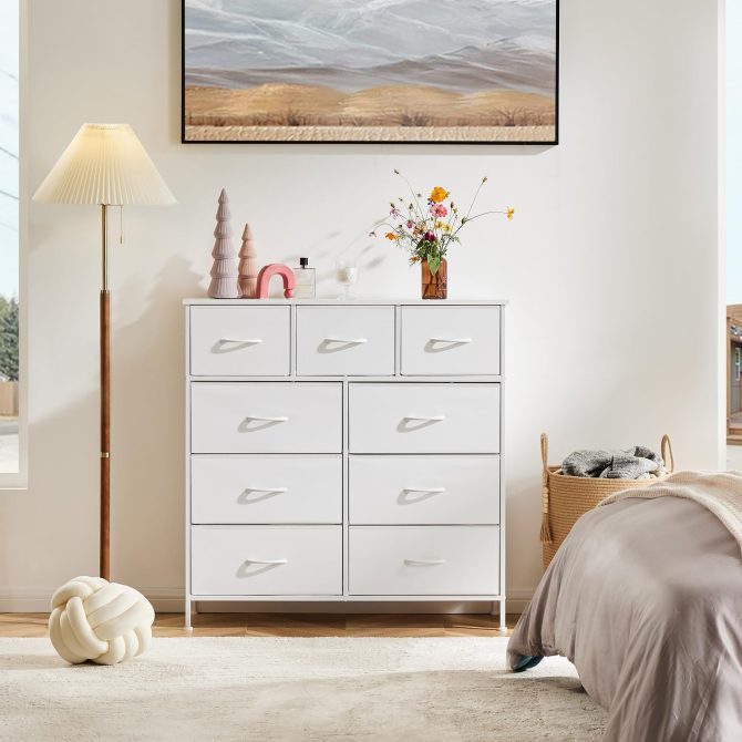 Dresser for Bedroom with 9 Fabric Drawers, Tall Chest Organizer Units for Clothing, Closet, Storage Tower with Cabinet, Metal Frame, Wooden Top, Lightweight Nursery Furniture - Image 30