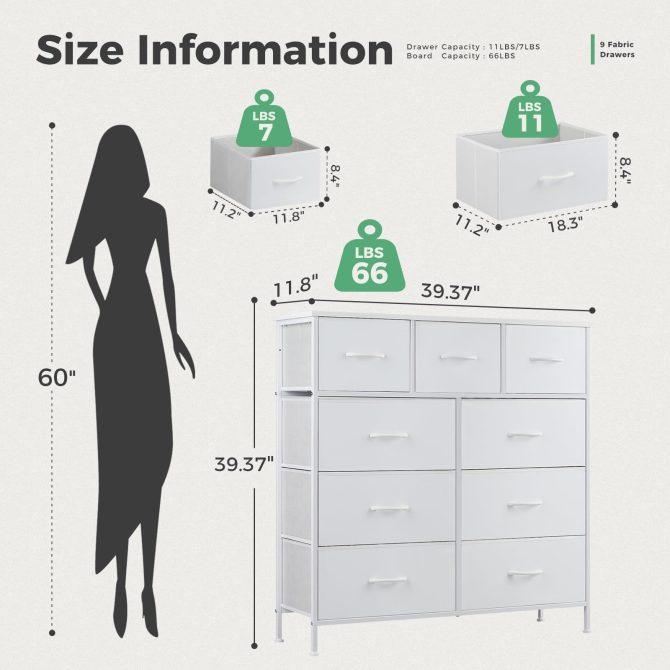 Dresser for Bedroom with 9 Fabric Drawers, Tall Chest Organizer Units for Clothing, Closet, Storage Tower with Cabinet, Metal Frame, Wooden Top, Lightweight Nursery Furniture - Image 31