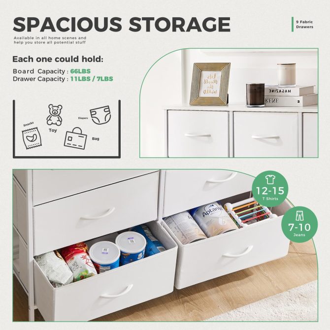 Dresser for Bedroom with 9 Fabric Drawers, Tall Chest Organizer Units for Clothing, Closet, Storage Tower with Cabinet, Metal Frame, Wooden Top, Lightweight Nursery Furniture - Image 32