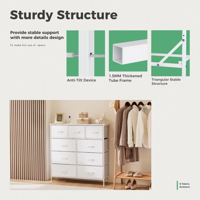 Dresser for Bedroom with 9 Fabric Drawers, Tall Chest Organizer Units for Clothing, Closet, Storage Tower with Cabinet, Metal Frame, Wooden Top, Lightweight Nursery Furniture - Image 35