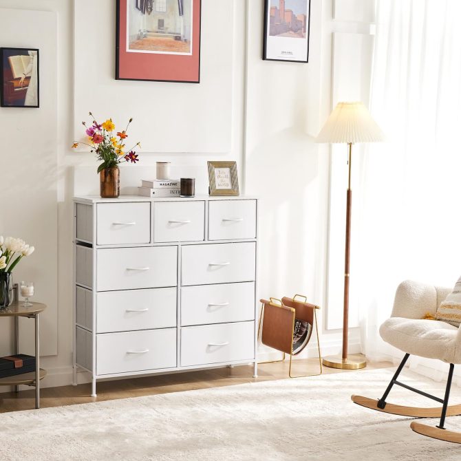 Dresser for Bedroom with 9 Fabric Drawers, Tall Chest Organizer Units for Clothing, Closet, Storage Tower with Cabinet, Metal Frame, Wooden Top, Lightweight Nursery Furniture - Image 36