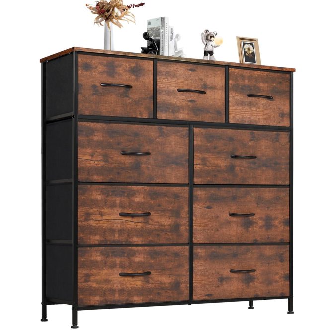 Dresser for Bedroom with 9 Fabric Drawers, Tall Chest Organizer Units for Clothing, Closet, Storage Tower with Cabinet, Metal Frame, Wooden Top, Lightweight Nursery Furniture - Image 2