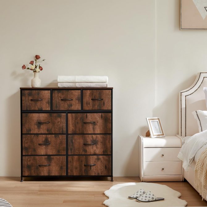 Dresser for Bedroom with 9 Fabric Drawers, Tall Chest Organizer Units for Clothing, Closet, Storage Tower with Cabinet, Metal Frame, Wooden Top, Lightweight Nursery Furniture - Image 3