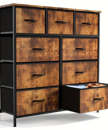 Dresser for Bedroom with 9 Fabric Drawers, Tall Chest Organizer Units for Clothing, Closet, Storage Tower with Cabinet, Metal Frame, Wooden Top, Lightweight Nursery Furniture