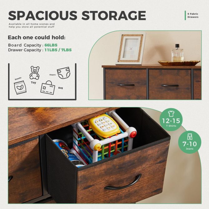 Dresser for Bedroom with 9 Fabric Drawers, Tall Chest Organizer Units for Clothing, Closet, Storage Tower with Cabinet, Metal Frame, Wooden Top, Lightweight Nursery Furniture - Image 5
