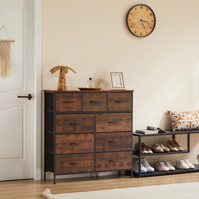 Dresser for Bedroom with 9 Fabric Drawers, Tall Chest Organizer Units for Clothing, Closet, Storage Tower with Cabinet, Metal Frame, Wooden Top, Lightweight Nursery Furniture - Image 8