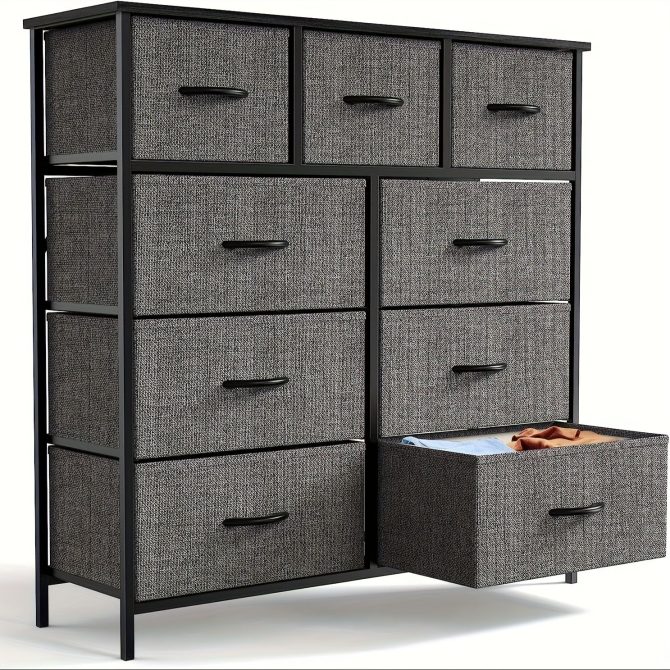 Dresser for Bedroom with 9 Fabric Drawers, Tall Chest Organizer Units for Clothing, Closet, Storage Tower with Cabinet, Metal Frame, Wooden Top, Lightweight Nursery Furniture - Image 19