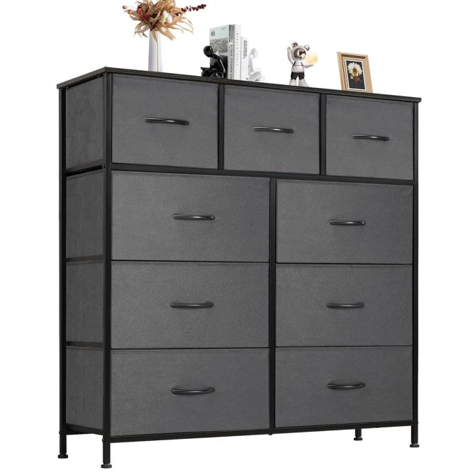 Dresser for Bedroom with 9 Fabric Drawers, Tall Chest Organizer Units for Clothing, Closet, Storage Tower with Cabinet, Metal Frame, Wooden Top, Lightweight Nursery Furniture - Image 20