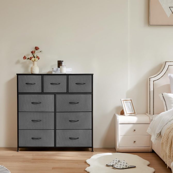 Dresser for Bedroom with 9 Fabric Drawers, Tall Chest Organizer Units for Clothing, Closet, Storage Tower with Cabinet, Metal Frame, Wooden Top, Lightweight Nursery Furniture - Image 21