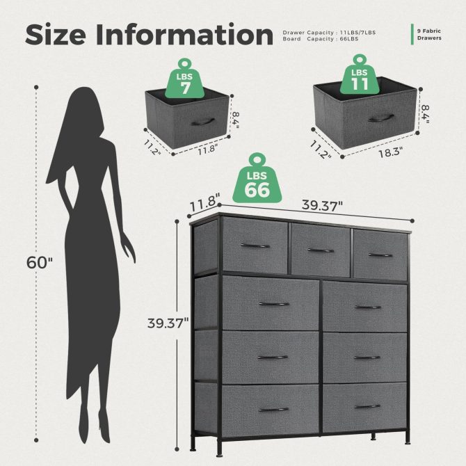Dresser for Bedroom with 9 Fabric Drawers, Tall Chest Organizer Units for Clothing, Closet, Storage Tower with Cabinet, Metal Frame, Wooden Top, Lightweight Nursery Furniture - Image 22