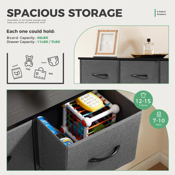 Dresser for Bedroom with 9 Fabric Drawers, Tall Chest Organizer Units for Clothing, Closet, Storage Tower with Cabinet, Metal Frame, Wooden Top, Lightweight Nursery Furniture - Image 23