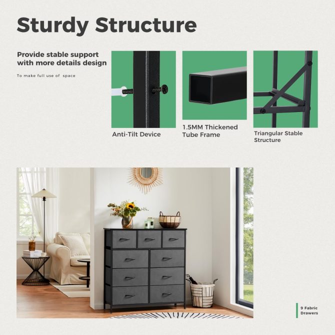 Dresser for Bedroom with 9 Fabric Drawers, Tall Chest Organizer Units for Clothing, Closet, Storage Tower with Cabinet, Metal Frame, Wooden Top, Lightweight Nursery Furniture - Image 26