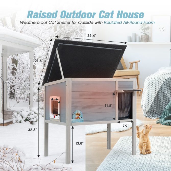 Outdoor Insulated Cat House, Wood Pet House w/ High Legs, Doors, Openable Roof, Weatherproof, Cat Animal Shelter for Winter, Gray - Image 2