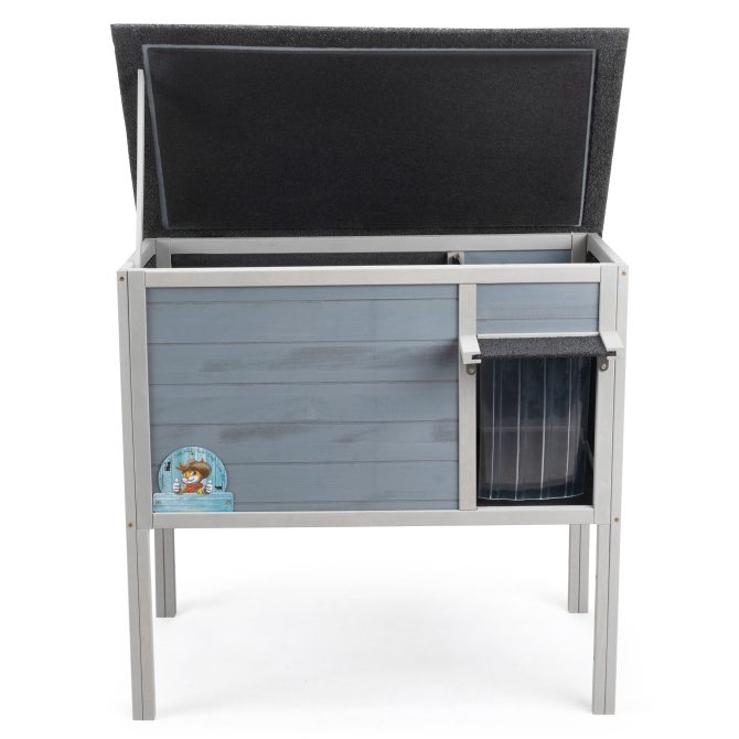 Outdoor Insulated Cat House, Wood Pet House w/ High Legs, Doors, Openable Roof, Weatherproof, Cat Animal Shelter for Winter, Gray - Image 13