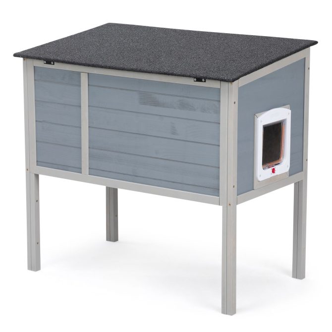 Outdoor Insulated Cat House, Wood Pet House w/ High Legs, Doors, Openable Roof, Weatherproof, Cat Animal Shelter for Winter, Gray - Image 14