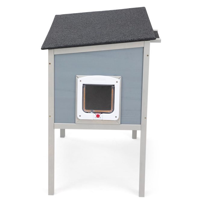 Outdoor Insulated Cat House, Wood Pet House w/ High Legs, Doors, Openable Roof, Weatherproof, Cat Animal Shelter for Winter, Gray - Image 15