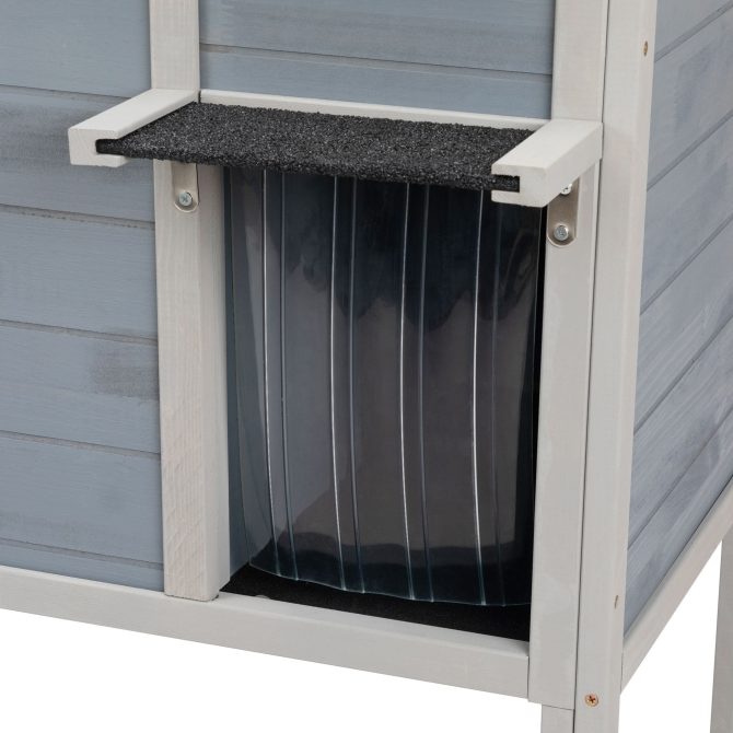 Outdoor Insulated Cat House, Wood Pet House w/ High Legs, Doors, Openable Roof, Weatherproof, Cat Animal Shelter for Winter, Gray - Image 3