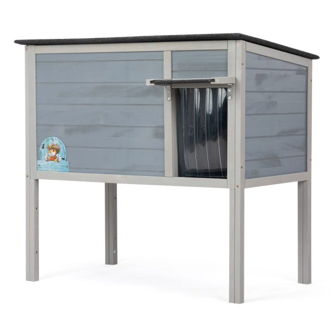 Outdoor Insulated Cat House, Wood Pet House w/ High Legs, Doors, Openable Roof, Weatherproof, Cat Animal Shelter for Winter, Gray - Image 10