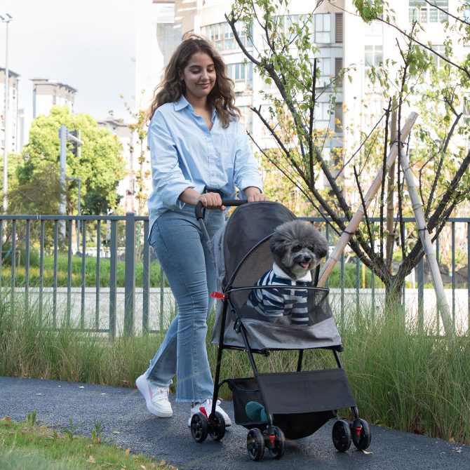 Foldable Pet Stroller, Small Dog Cat Stroller with Storage Basket for Small Puppies, Gray and Black - Image 2