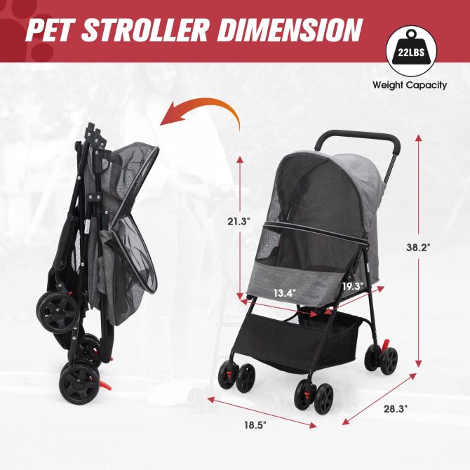 Foldable Pet Stroller, Small Dog Cat Stroller with Storage Basket for Small Puppies, Gray and Black - Image 3