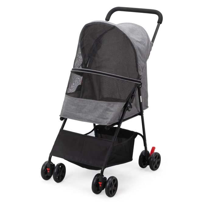 Foldable Pet Stroller, Small Dog Cat Stroller with Storage Basket for Small Puppies, Gray and Black - Image 5