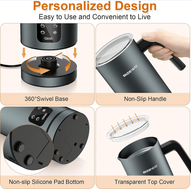 300W Multifunctional cold / hot milk foam 300ml Fully Automatic Milk Heater 360° rotating base SUS304 without BPA adjustable temperature and thickness cappuccino chocolate protein powder mixer cold - Image 18
