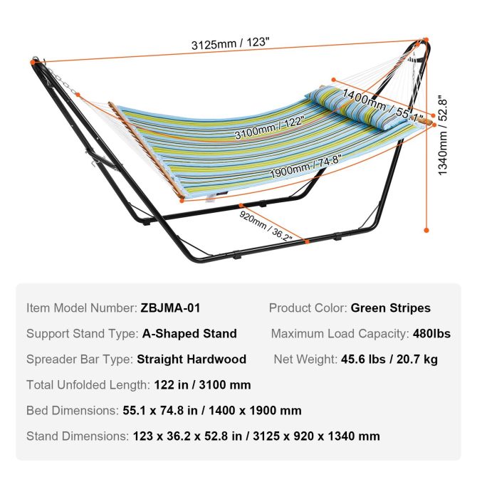 VEVOR Double Quilted Fabric Hammock Two Person Hammock with Stand 480lb Capacity - Image 7
