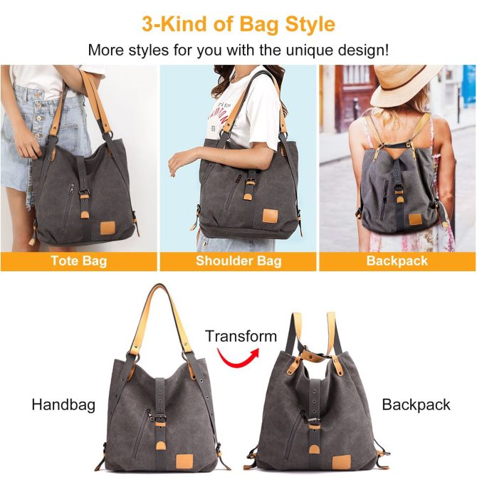 Ladies Canvas Tote Bag Multifunctional Purse Handbag Adjustable Shoulder Rucksack Convertible Backpack Wear-Resistant Dirt-Proof For Women School Office Travel - Image 13