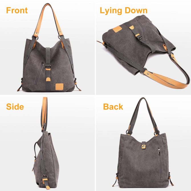 Ladies Canvas Tote Bag Multifunctional Purse Handbag Adjustable Shoulder Rucksack Convertible Backpack Wear-Resistant Dirt-Proof For Women School Office Travel - Image 14
