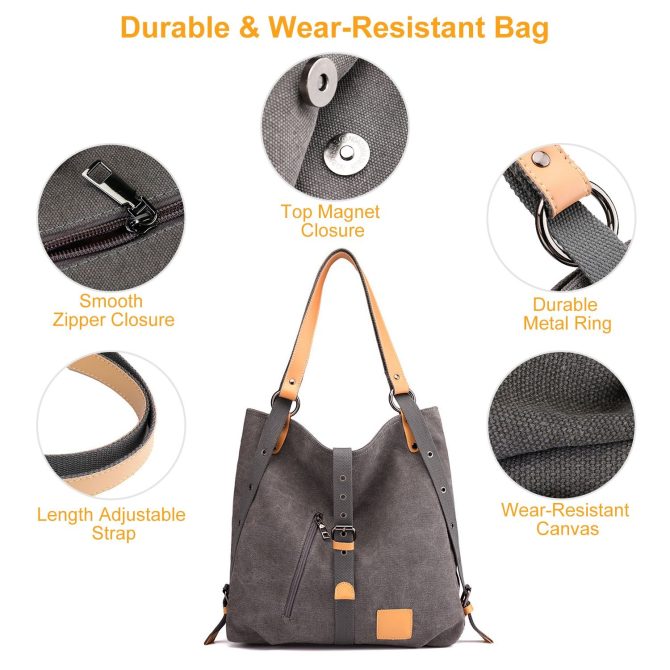 Ladies Canvas Tote Bag Multifunctional Purse Handbag Adjustable Shoulder Rucksack Convertible Backpack Wear-Resistant Dirt-Proof For Women School Office Travel - Image 15