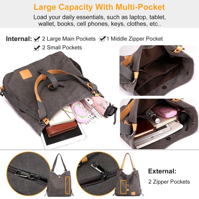 Ladies Canvas Tote Bag Multifunctional Purse Handbag Adjustable Shoulder Rucksack Convertible Backpack Wear-Resistant Dirt-Proof For Women School Office Travel - Image 16