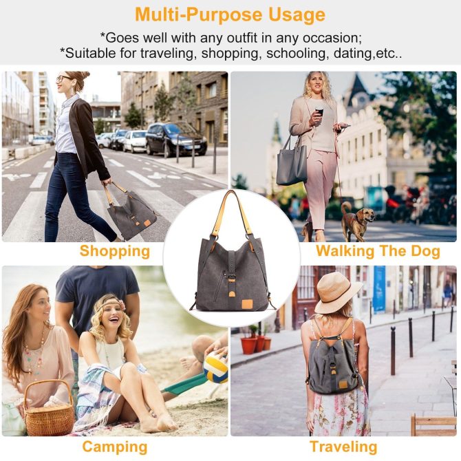 Ladies Canvas Tote Bag Multifunctional Purse Handbag Adjustable Shoulder Rucksack Convertible Backpack Wear-Resistant Dirt-Proof For Women School Office Travel - Image 17