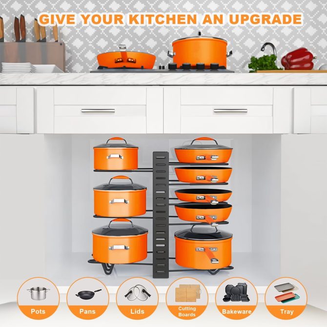 Pot Organizer Rack 8 Tiers Pots and Pans Organizer, Pot Lid Organizer for Kitchen Cabinet Cookware Organizers and Storage,Upgraded - Image 2