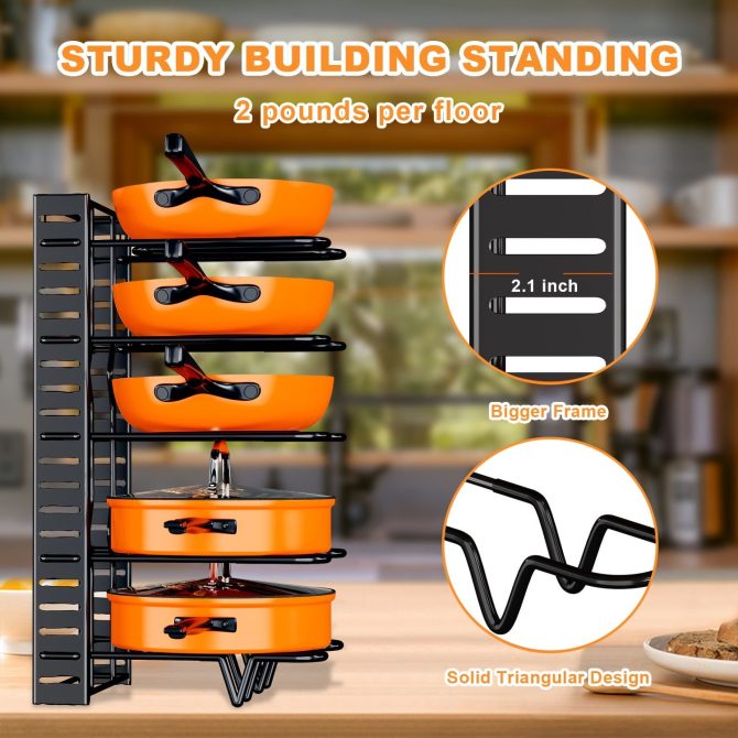 Pot Organizer Rack 8 Tiers Pots and Pans Organizer, Pot Lid Organizer for Kitchen Cabinet Cookware Organizers and Storage,Upgraded - Image 4