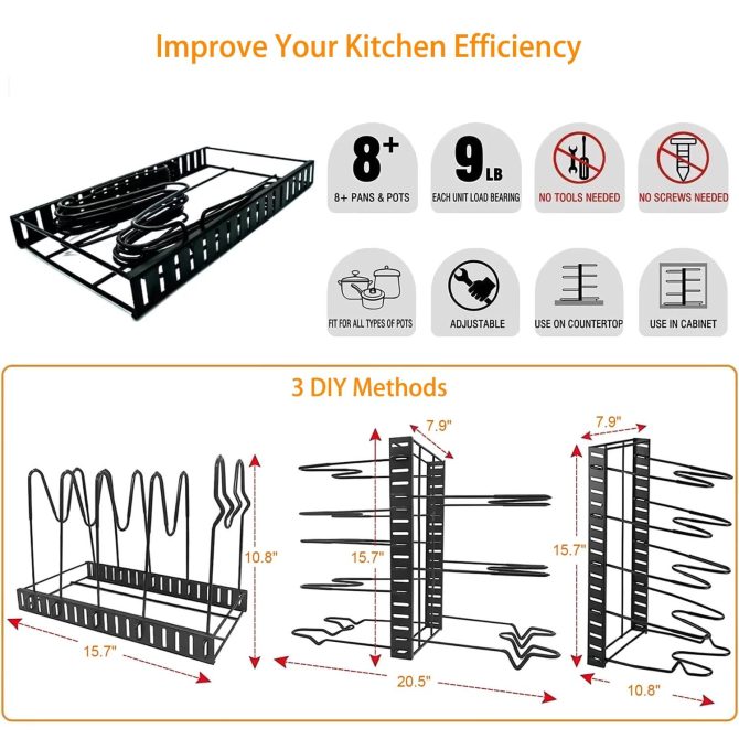Pot Organizer Rack 8 Tiers Pots and Pans Organizer, Pot Lid Organizer for Kitchen Cabinet Cookware Organizers and Storage,Upgraded - Image 7