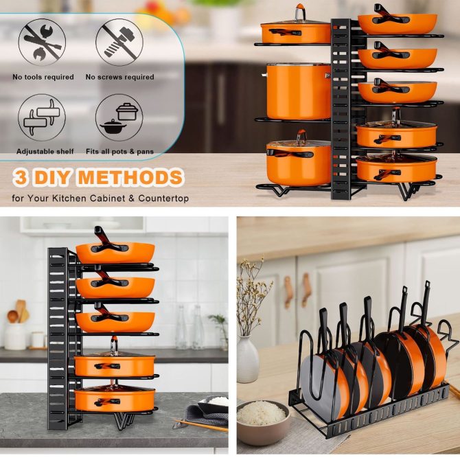 Pot Organizer Rack 8 Tiers Pots and Pans Organizer, Pot Lid Organizer for Kitchen Cabinet Cookware Organizers and Storage,Upgraded - Image 8