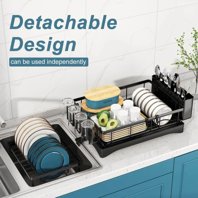 Dish Racks for Kitchen Counter, Stainless Steel Kitchen Dish Drying Rack with Drainboard, Detachable Dish Drainers with Utensil Holders - Image 3