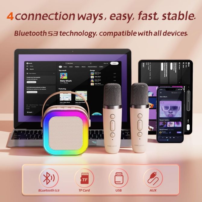 Bluetooth Karaoke Machine for Kids Adults, Portable Mini Karaoke Speaker with 2 Wireless Mic, LED Light Music Toys for Christmas Gift - Image 10
